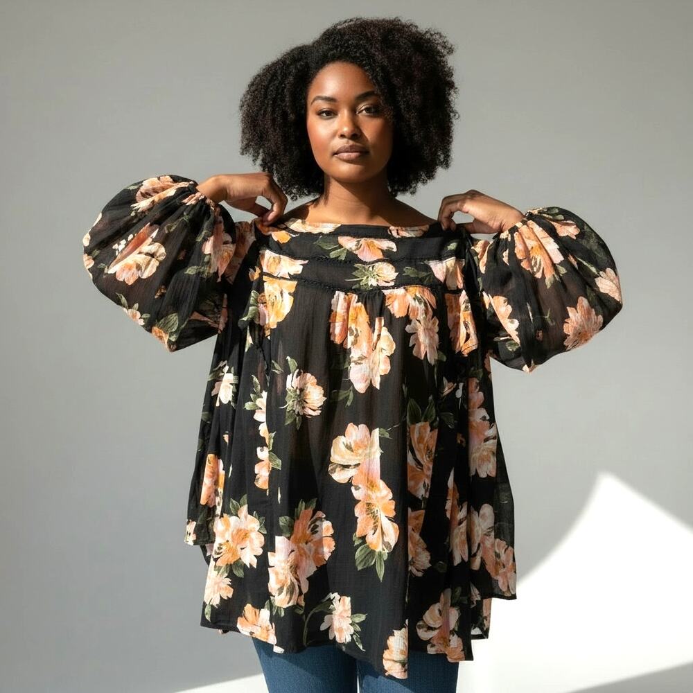 TERRA & SKY Woman's Sheer Cotton Floral Blouse Crochet Details 4X CottageCore